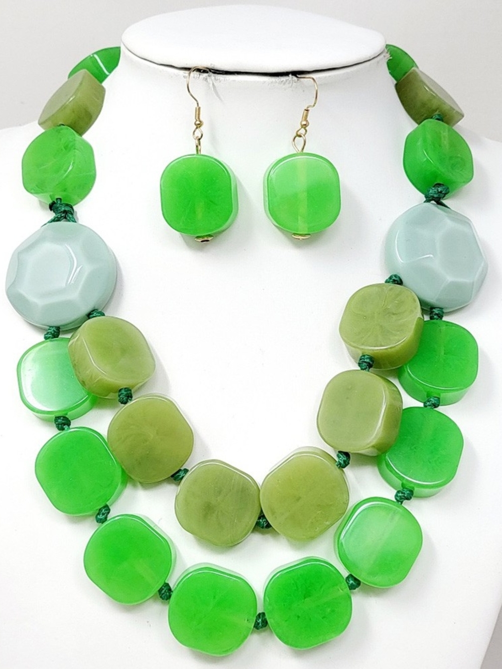 Green 3-Tone Beaded Resin Necklace & Earring Set - Women Jewelry